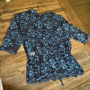 GANNI Blue and Black Lace Top